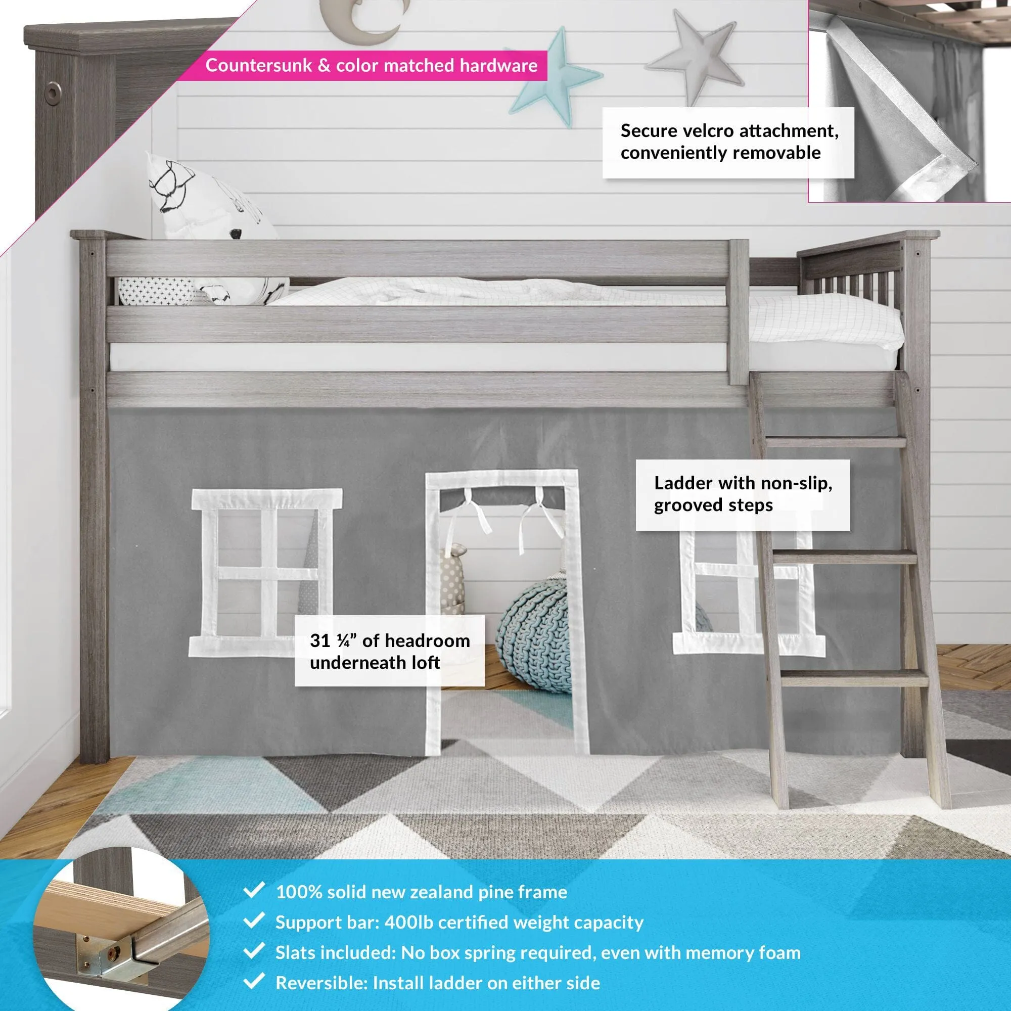 Twin Low Loft Bed With Curtain