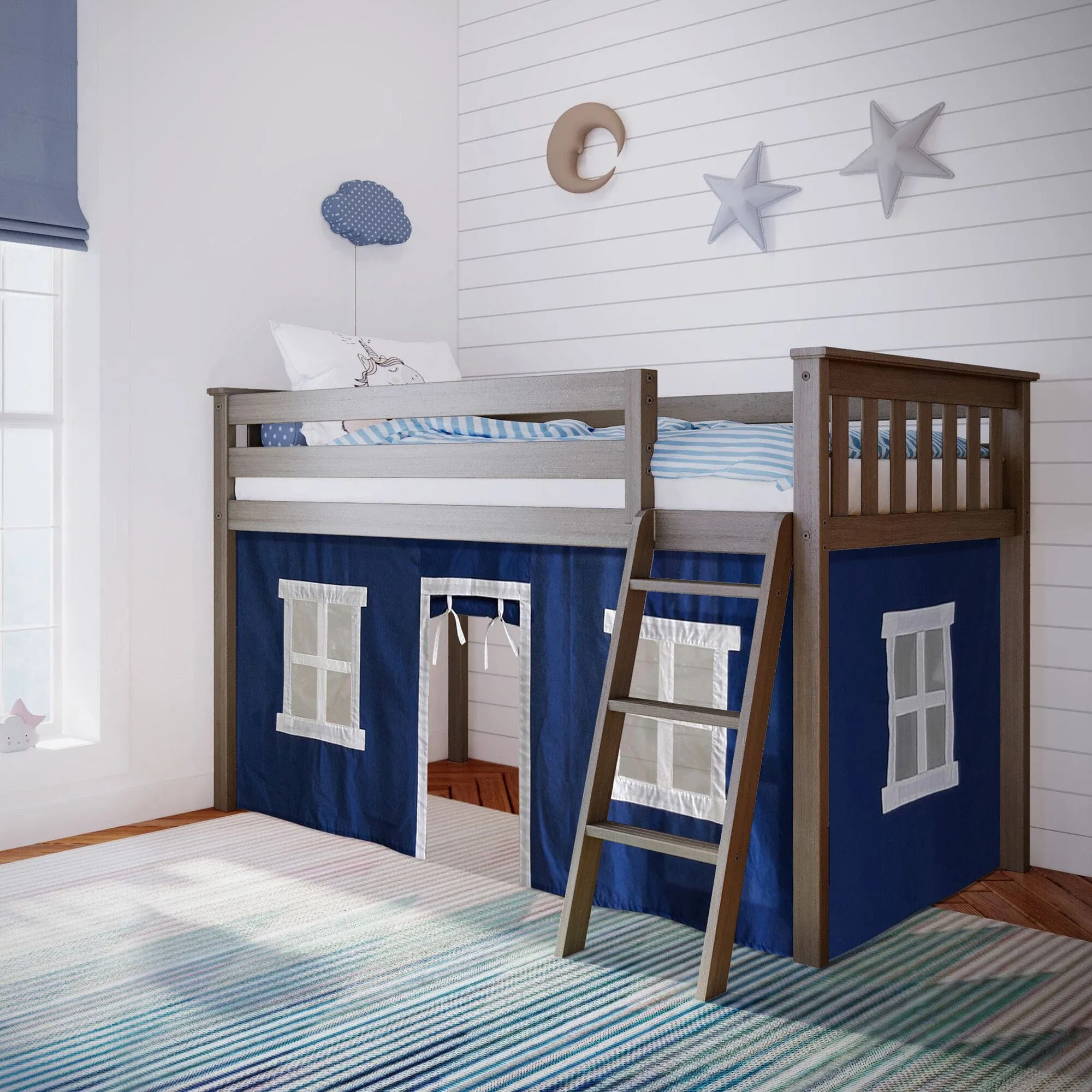 Twin Low Loft Bed With Curtain