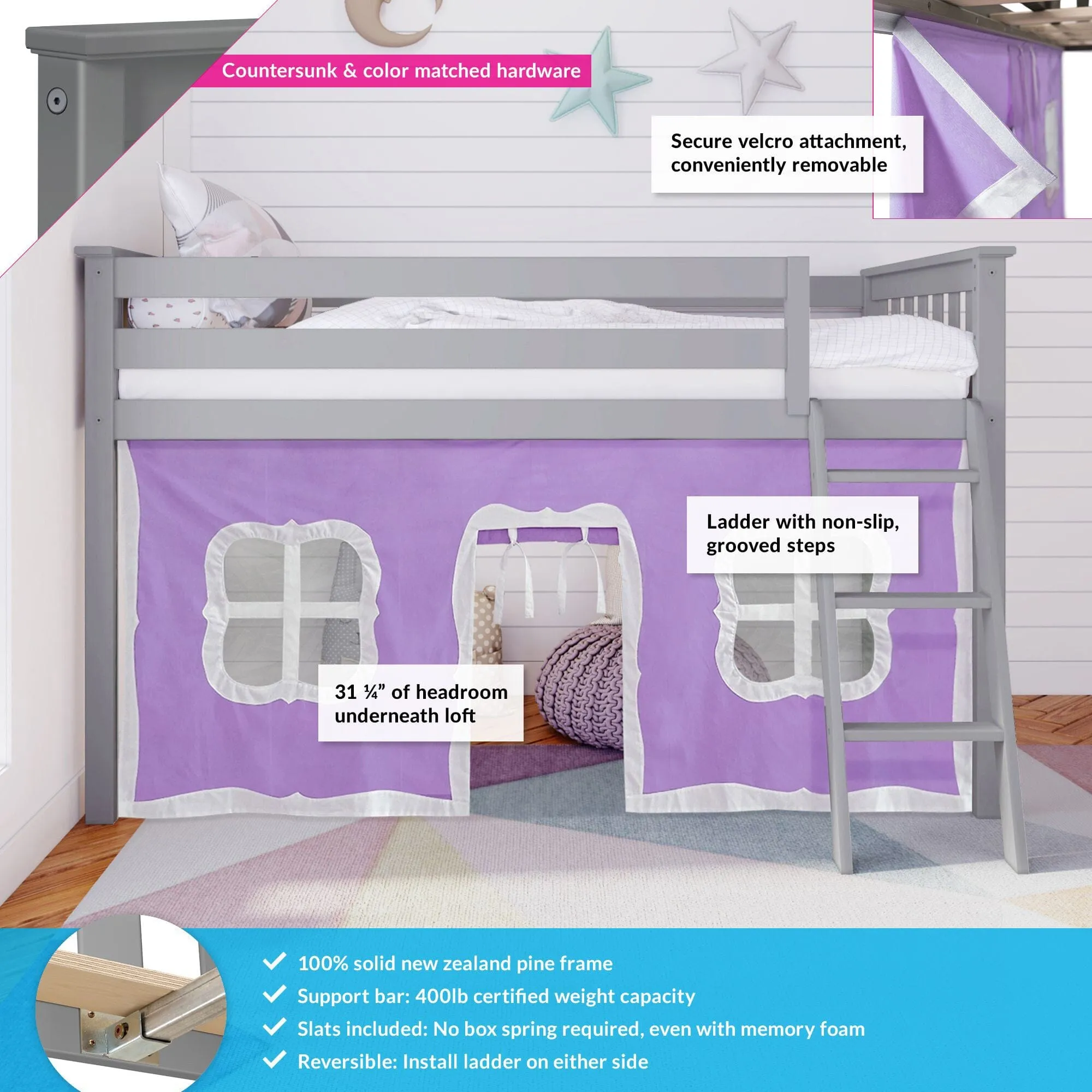 Twin Low Loft Bed With Curtain