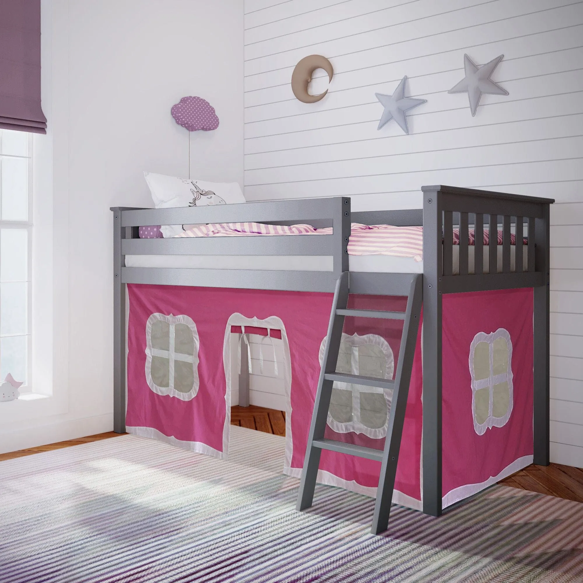 Twin Low Loft Bed With Curtain