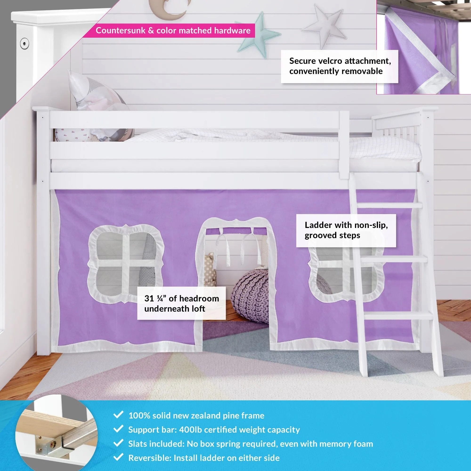 Twin Low Loft Bed With Curtain