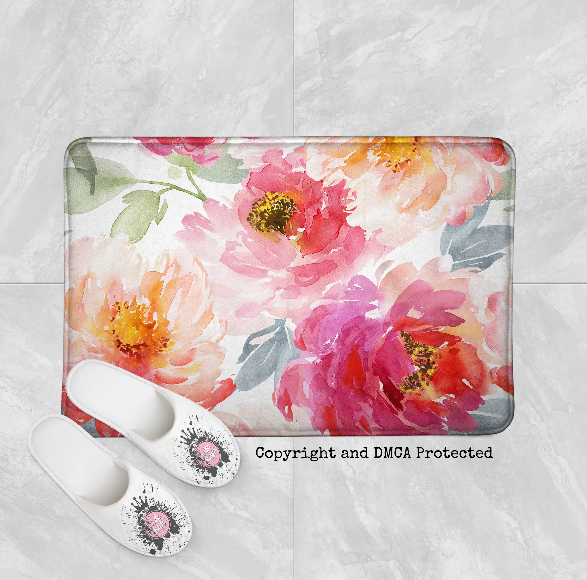 Watercolor Peonies in Bloom Shower Curtains and Optional Bath Mats