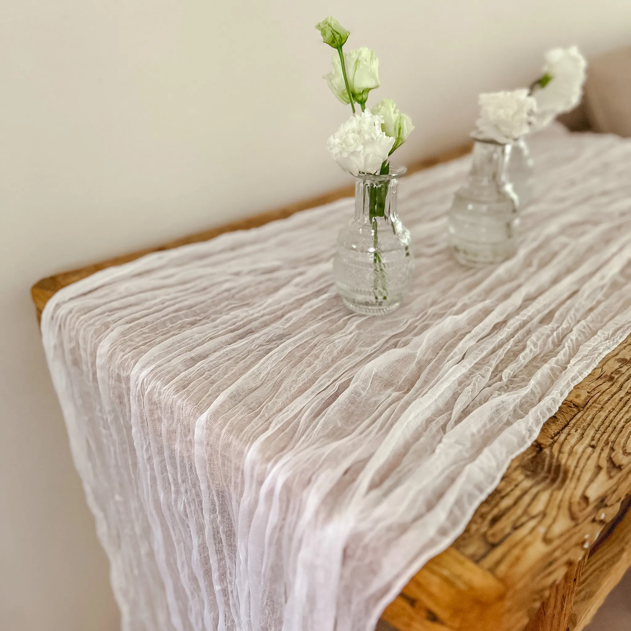 White Crinkled Cheesecloth Wedding Table Runner 3m