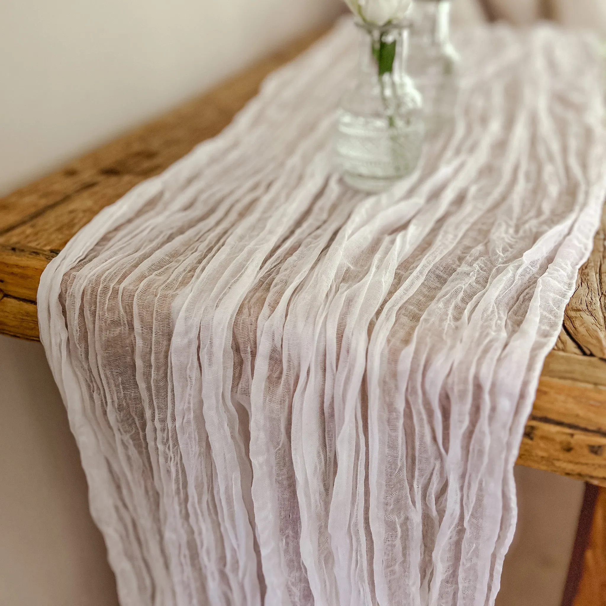 White Crinkled Cheesecloth Wedding Table Runner 3m