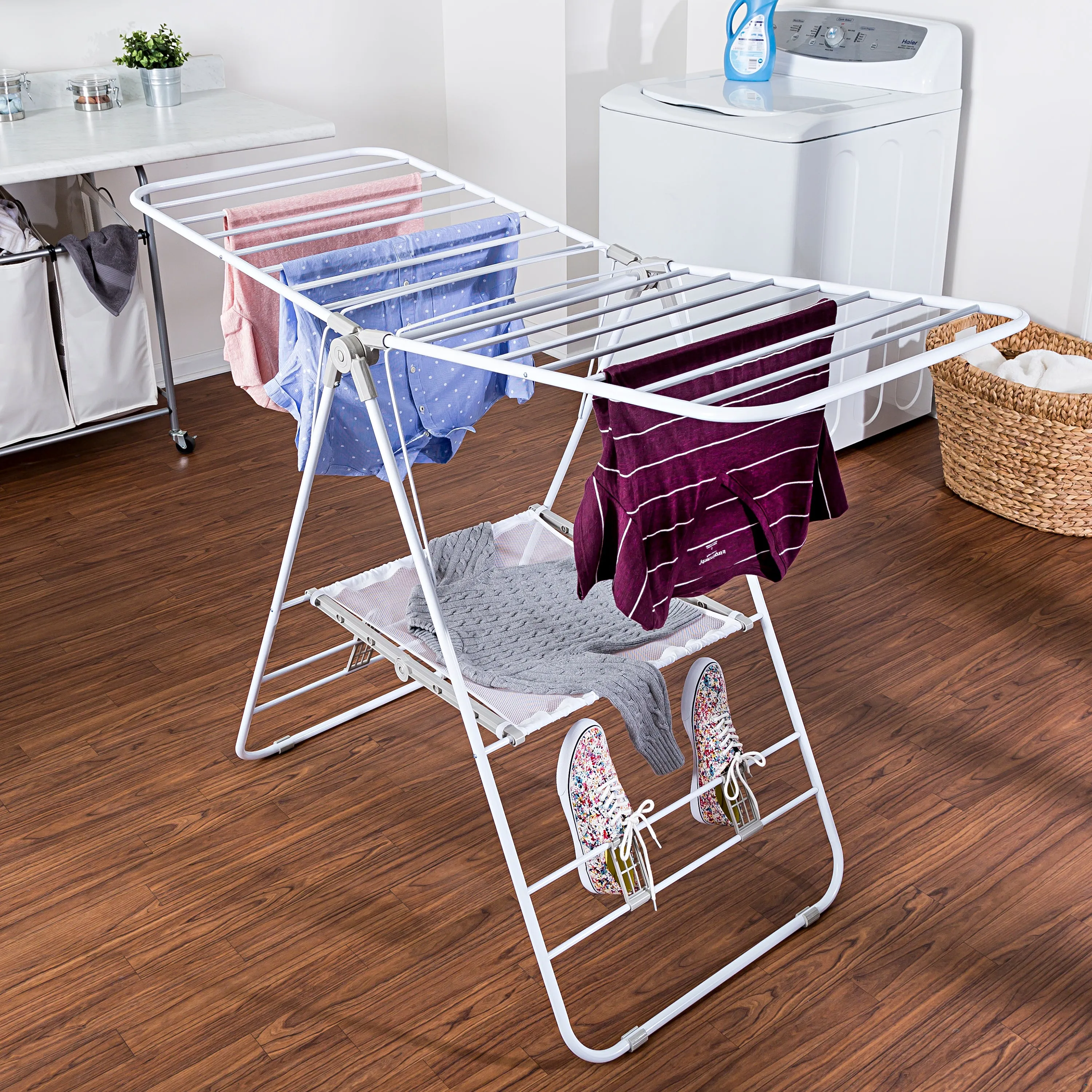 White Heavy-Duty Folding Gullwing Laundry Drying Rack