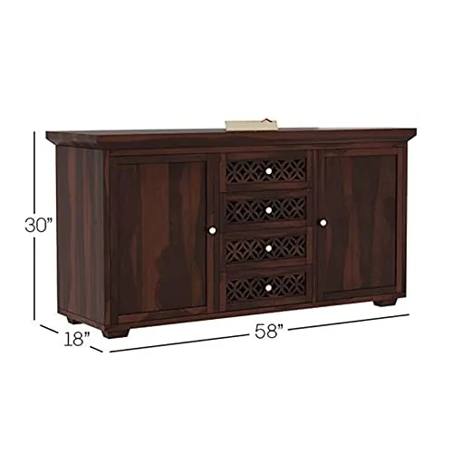 WOODSTAGE Sheesham Wood Sideboard Cabinet Multipurpose Storage Cabinets with 4 Drawers & 2 Cabinets for Living Room Home Office Wooden Furniture Kitchen Cabinet (Walnut Finish)