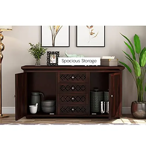 WOODSTAGE Sheesham Wood Sideboard Cabinet Multipurpose Storage Cabinets with 4 Drawers & 2 Cabinets for Living Room Home Office Wooden Furniture Kitchen Cabinet (Walnut Finish)