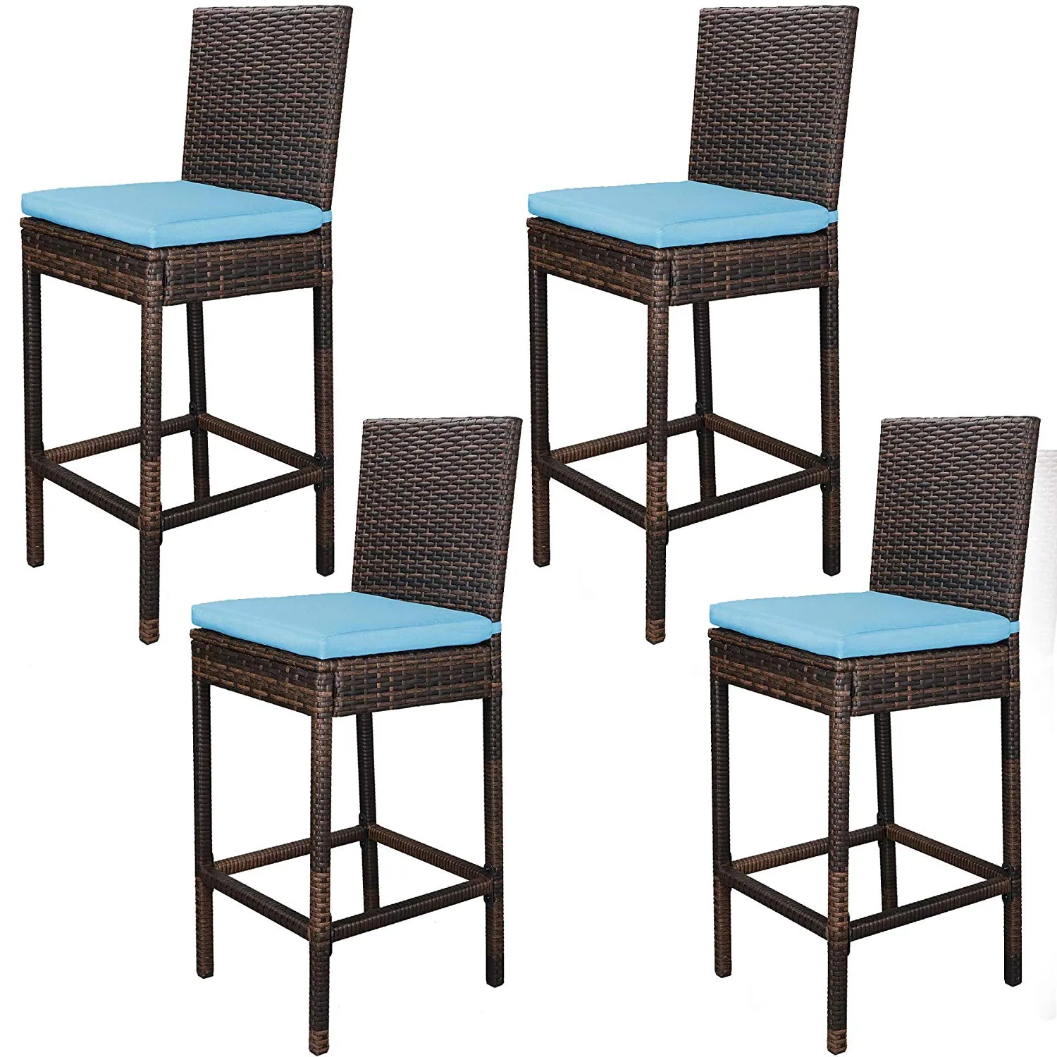 ZENY™ Outdoor All Weather Wicker Bar Stools with Cushions, Patio Furniture Bar Stool (Set of 4)